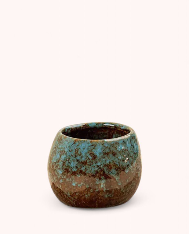 cache pot ceramique rond bleu et marron 6cm