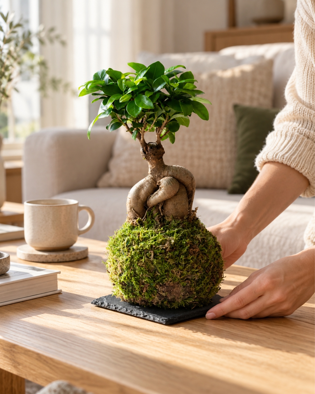 Kokedama Ficus Ginseng- D10cm H23cm